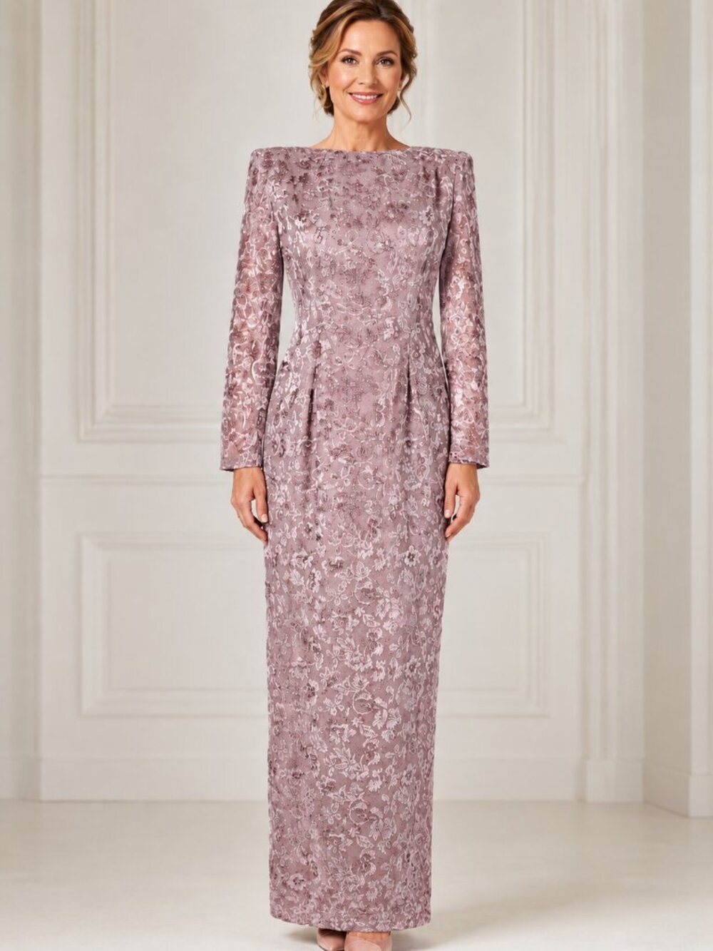 Pol Atteu Mother of the Bride Dress 9/10 Pink Full Length Gown Floral Velvet